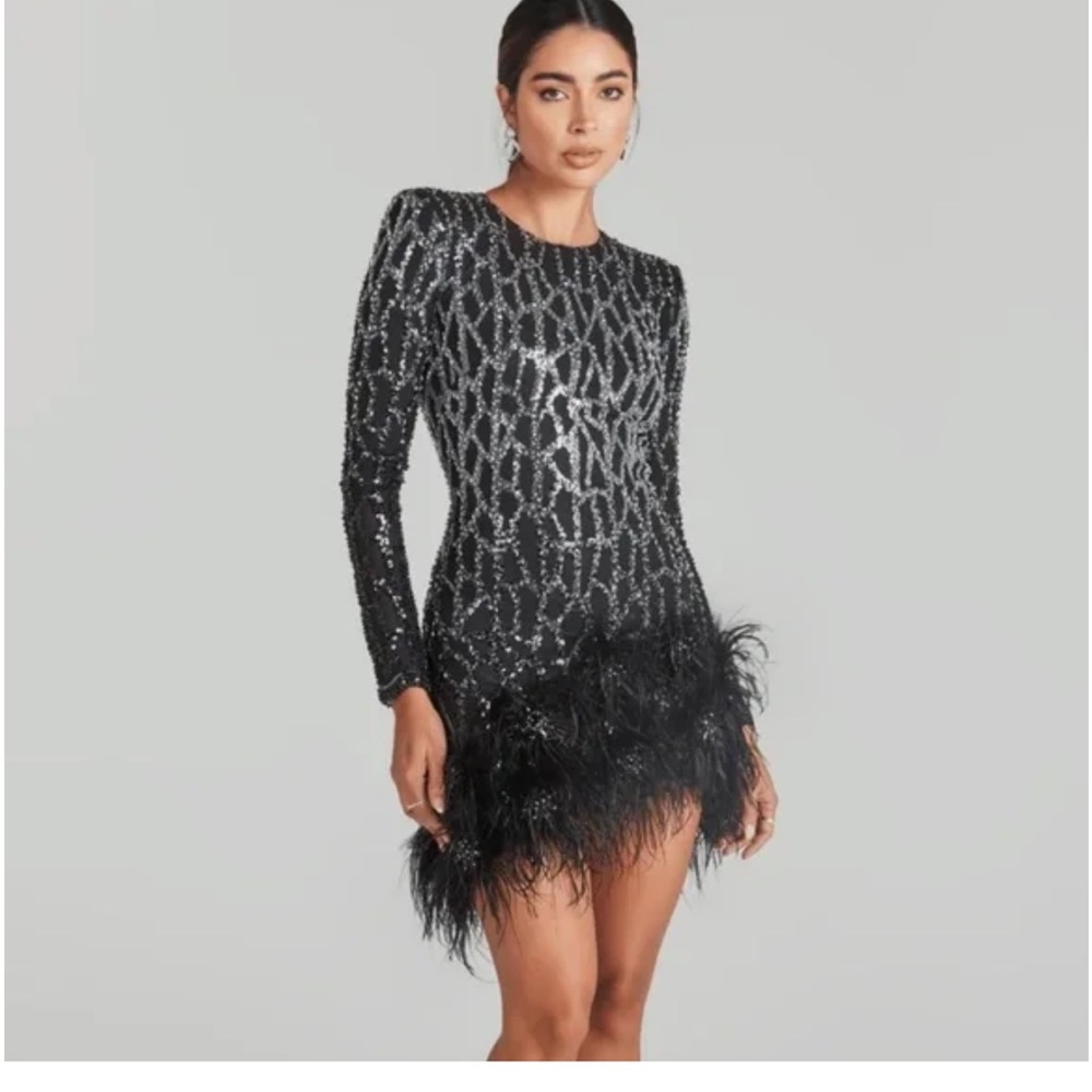 Elegant Black Sequin Mini Dress with Feather Detail
